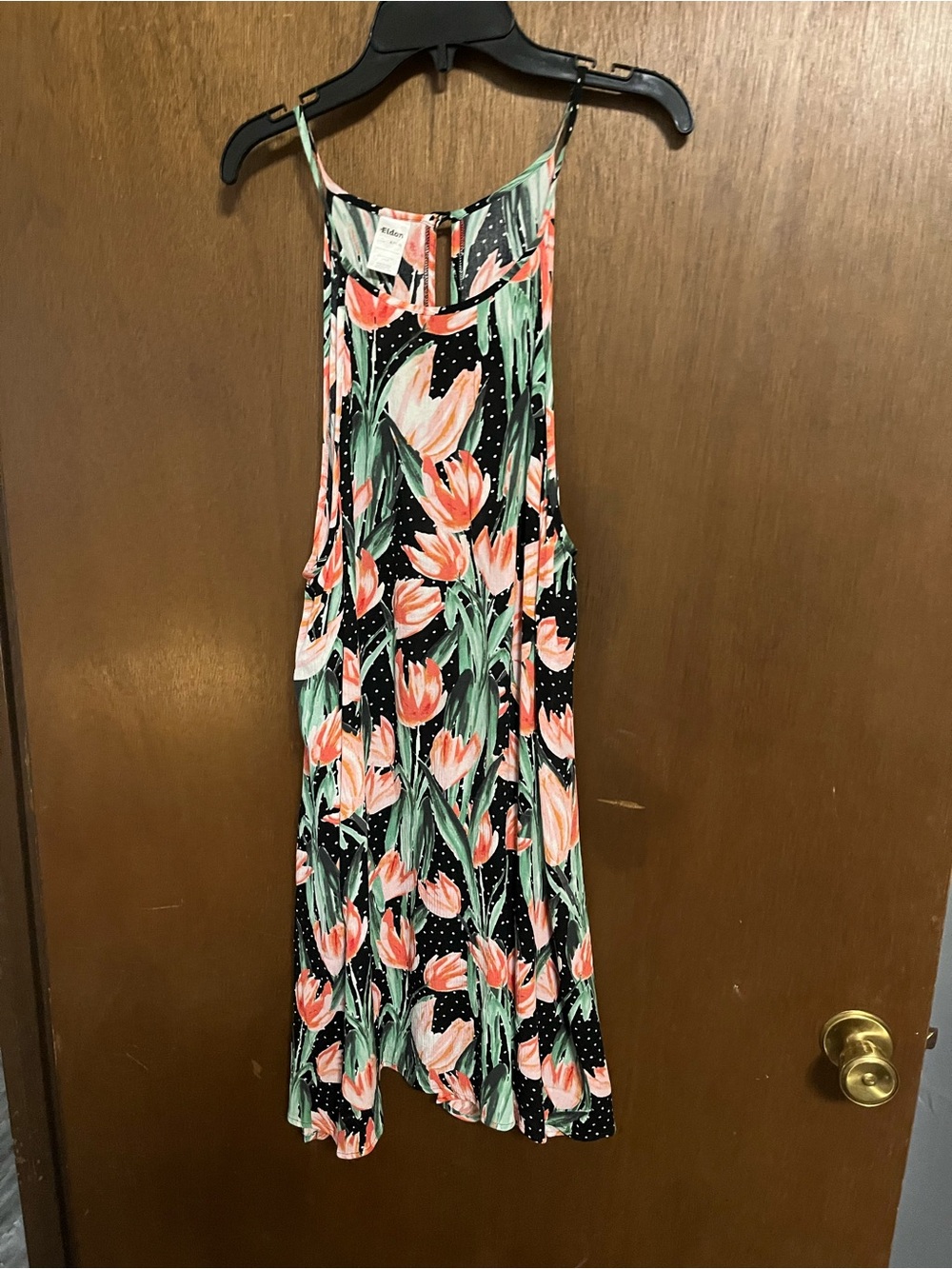 Black Floral Maxi Dress with Coral Tulip Print and Spaghetti Straps